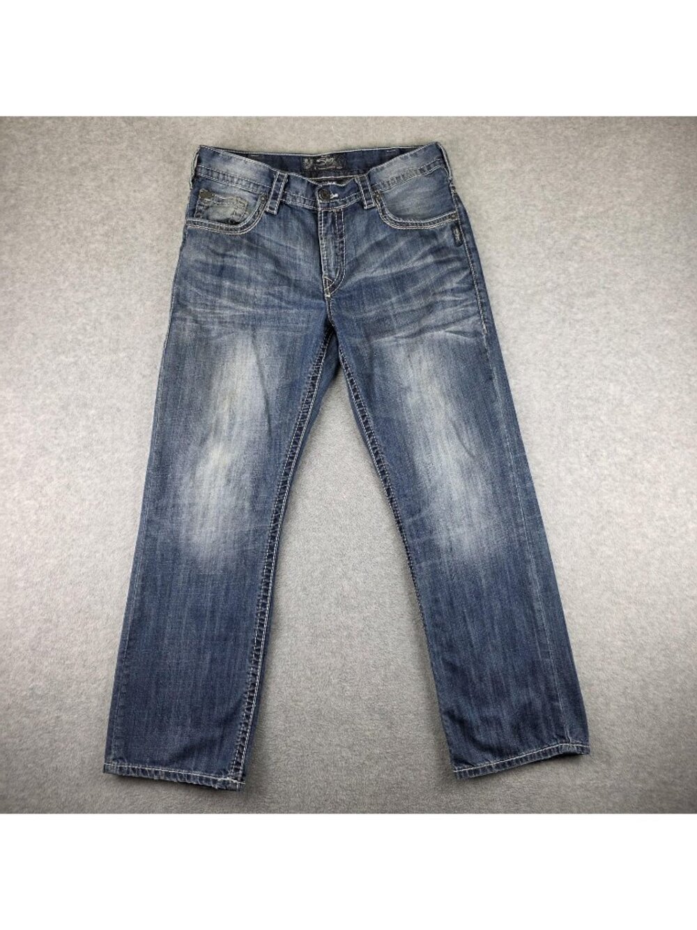 Silver Jeans Gordie Mens 34x32 Slim Straight Light Wash Distressed Stretch Denim